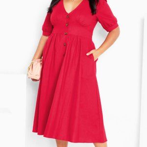 Red linen blend City Chic dress with pockets. Size M/18